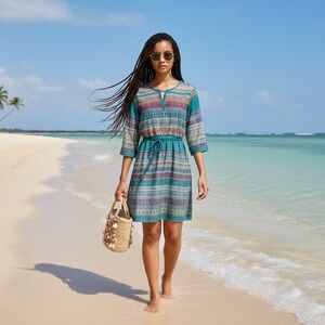 Beachlunchlounge Blue and Gray Sundress 3/4 Sleeve Crew Neck